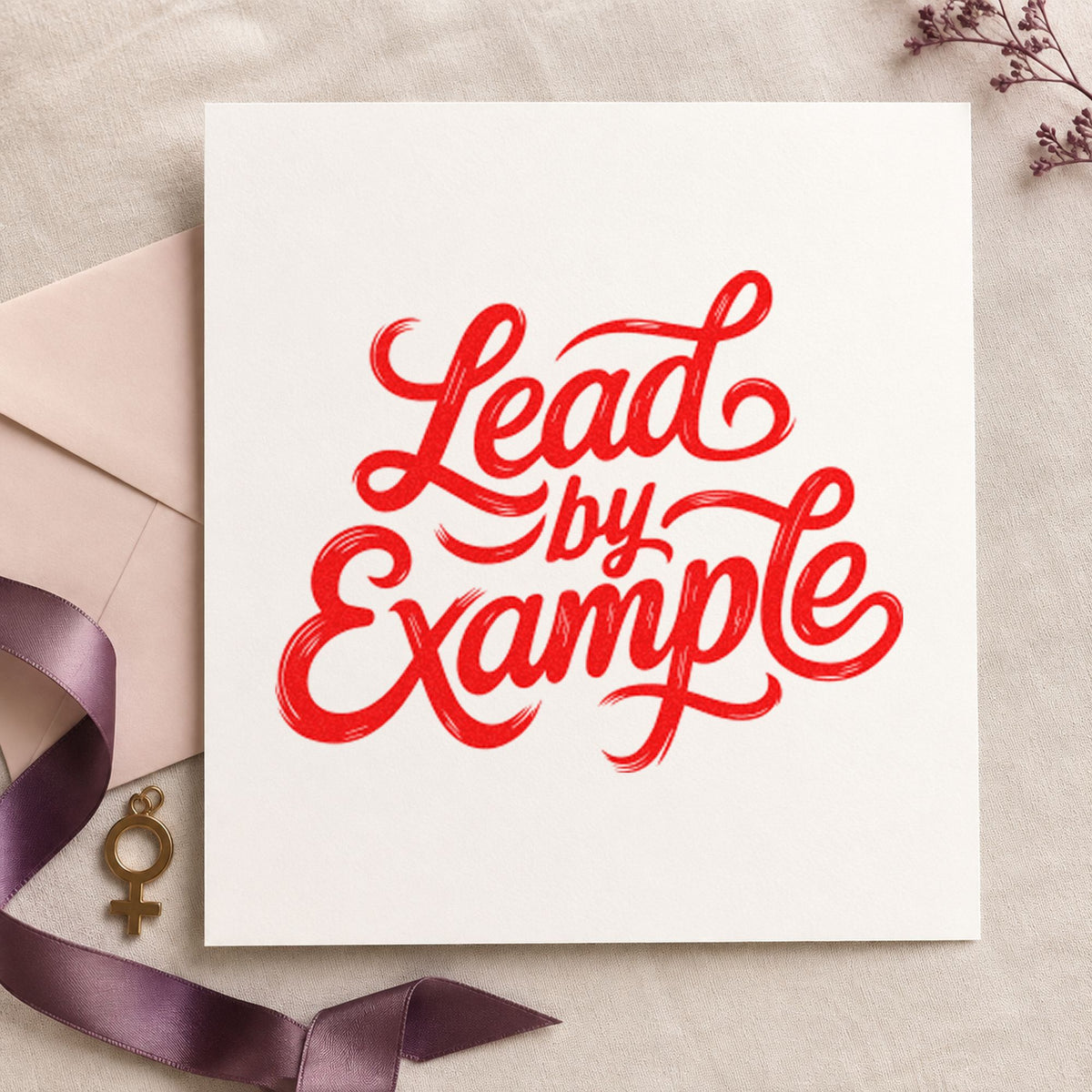 Lead By Example Script rubber stamp shown in red ink, stamped for projects such as bin tool labels.