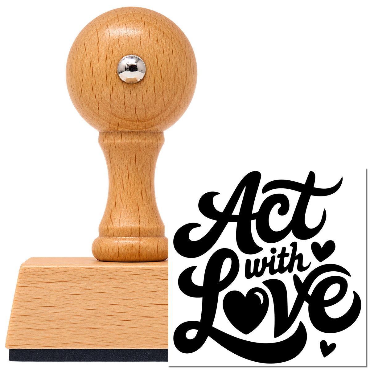 Vintage Pro beech wood stamp with a round knob handle, shown with its black Act With Love Hearts imprint on white.