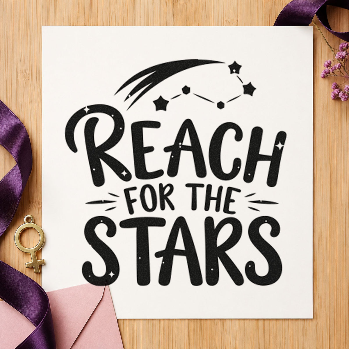 Reach For The Stars rubber stamp printed in black ink, ready for crew role sheet and similar paper crafts.