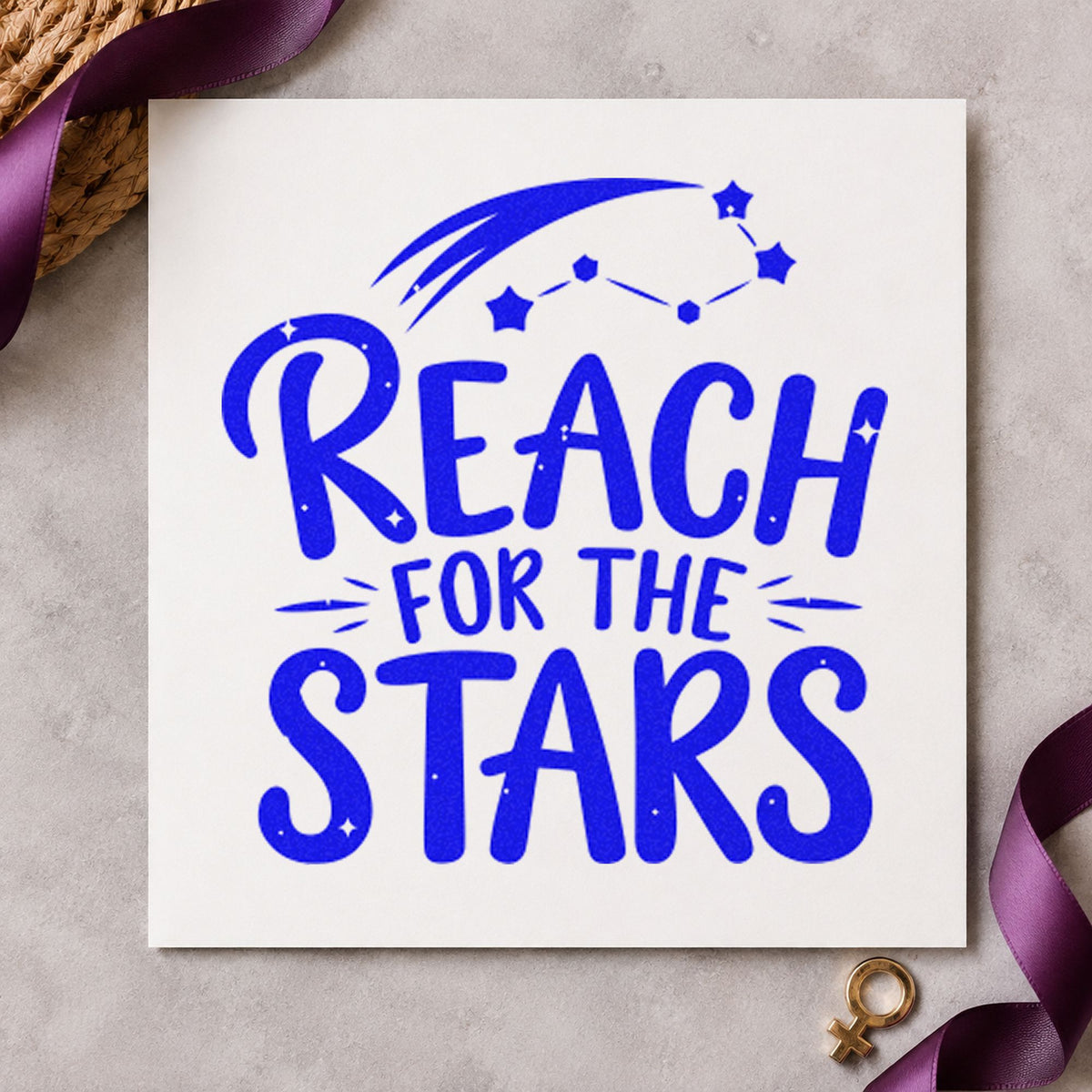 Reach For The Stars craft stamp in blue ink on cardstock, an easy option for flight suit printing.