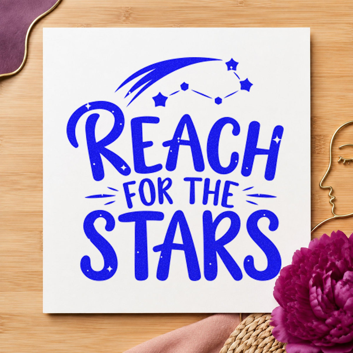 Reach For The Stars craft stamp imprinted in blue ink on paper, a design suited to framed mission room.
