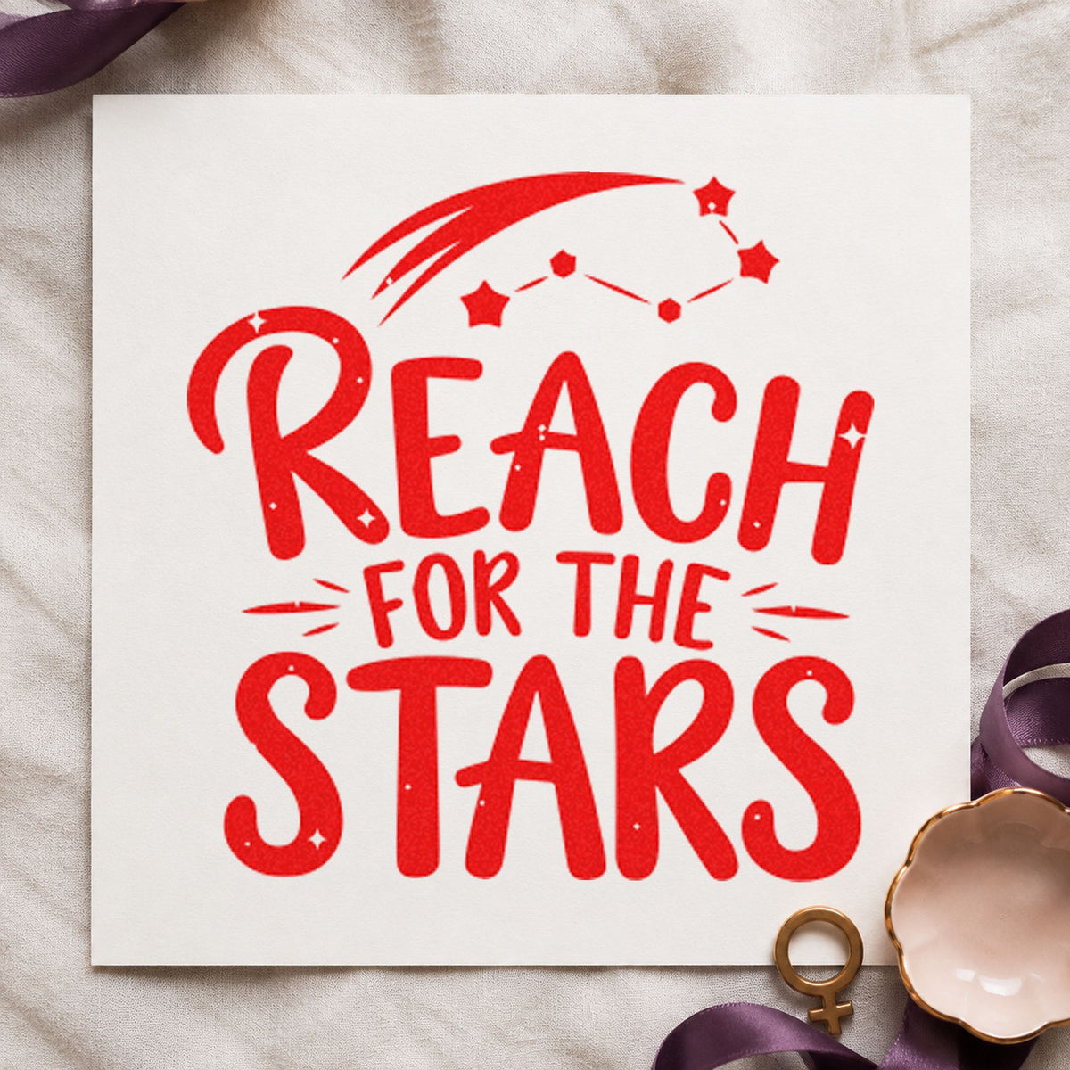 Reach For The Stars craft stamp imprint in red ink on a handmade project, one idea being mission brief cards.