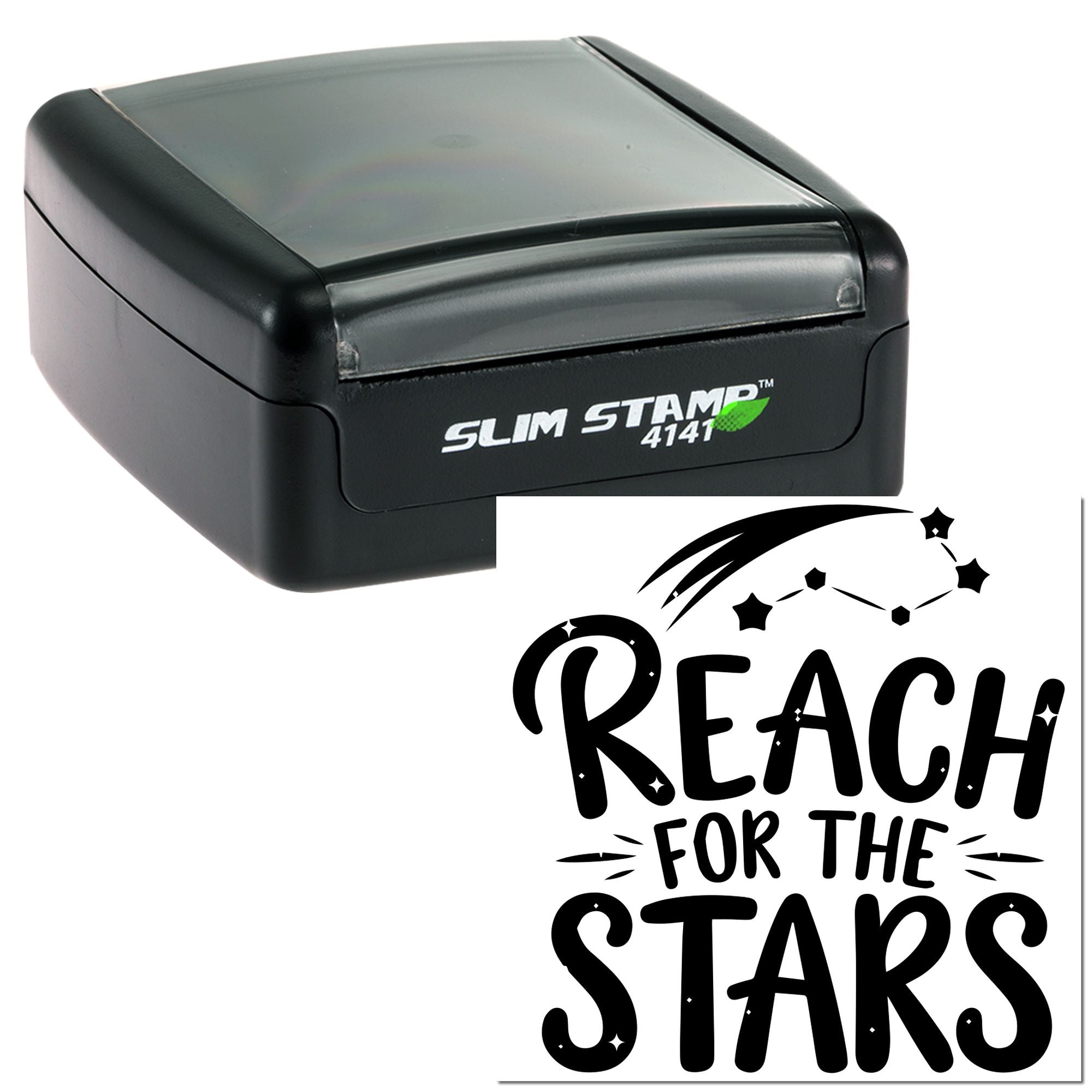 Black Slim Stamp 4141 with transparent cap and black Reach for the Stars custom stamp seal design.