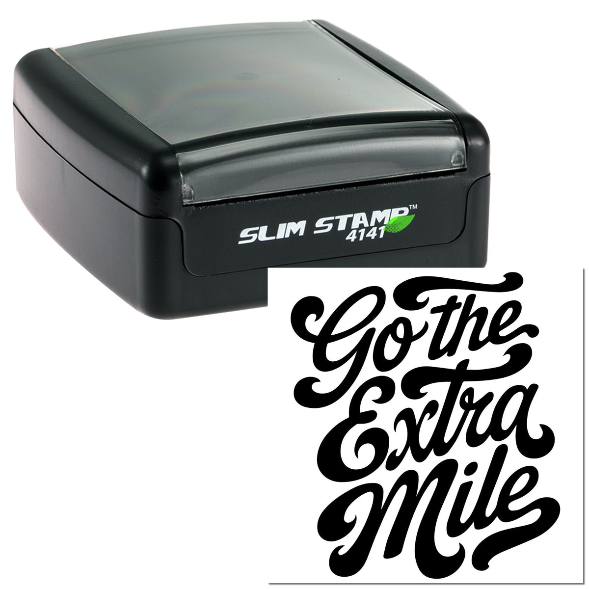 Black Slim Stamp 4141 self-inking stamp with gray lid and bold decorative Gothe Extra Smile seal impression