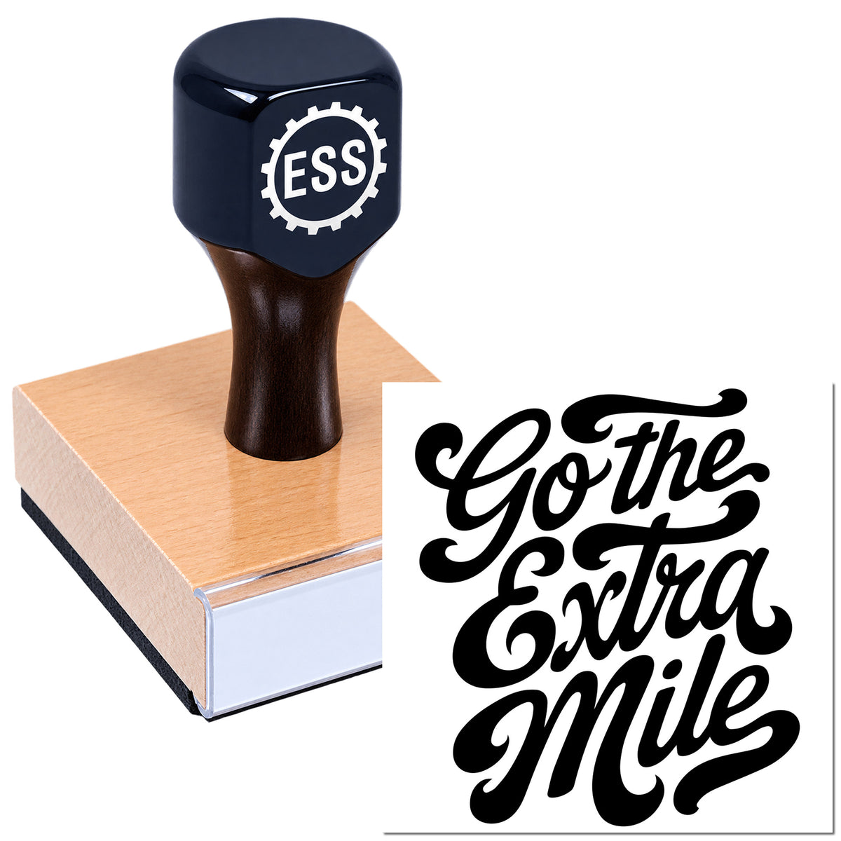 Black ESS stamp and seal handle on a pink block, with bold black script "Gothe Extra Smile" on white.