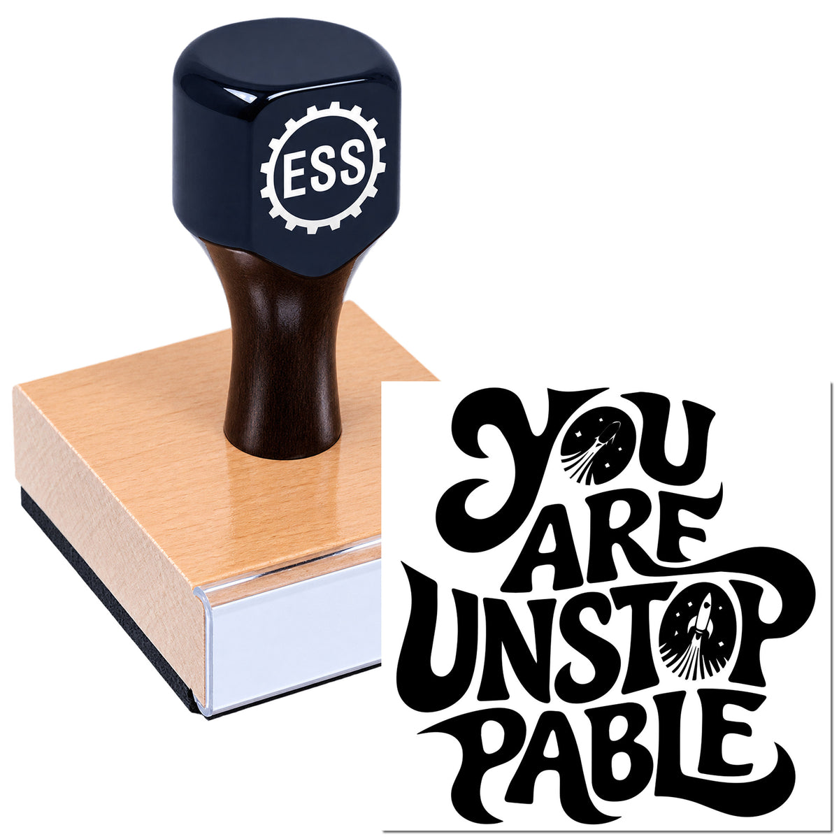 Black ESS stamp on a rose-gold block beside a bold "You Are Unstoppable" seal design on white.