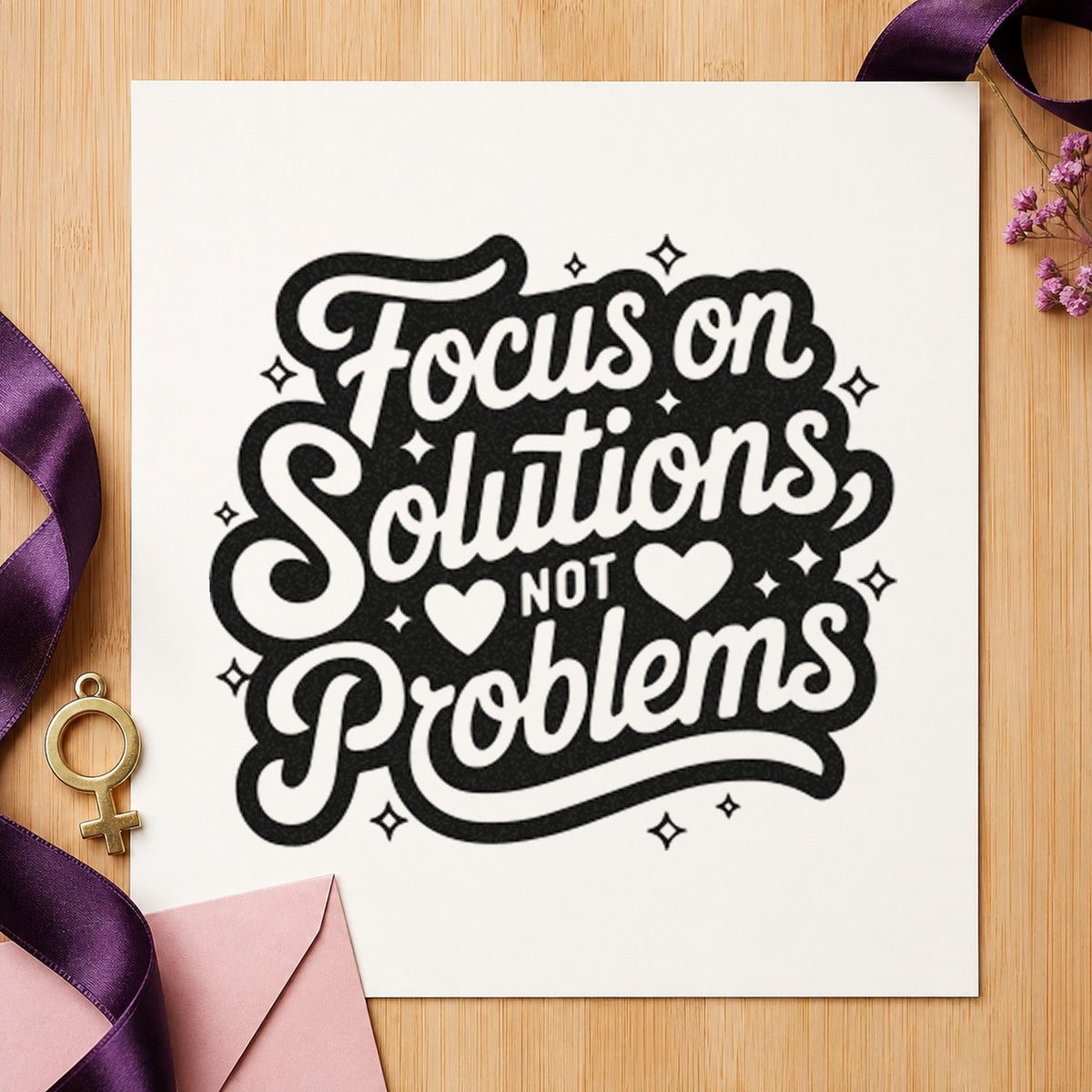 Focus Solutions Not Problems craft stamp in black ink on cardstock, an easy option for support year album page.