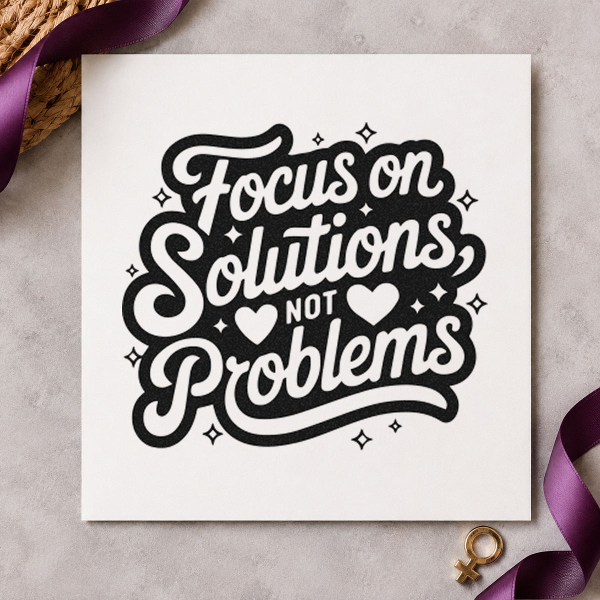Focus Solutions Not Problems craft stamp imprint in black ink on a handmade project, one idea being thank kit gift tags.