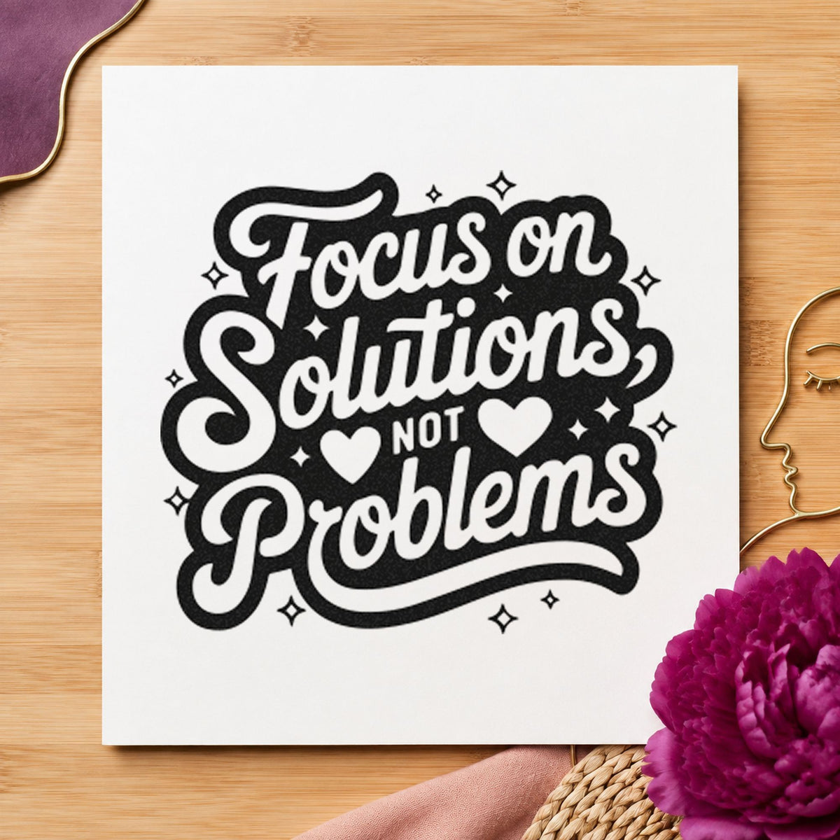 Focus Solutions Not Problems rubber stamp printed in black ink, ready for ticket queue sheet and similar paper crafts.