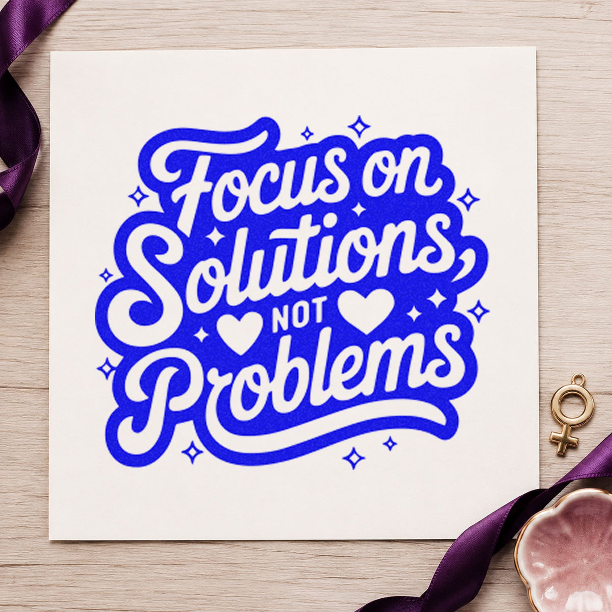 Focus Solutions Not Problems craft stamp in blue ink on cardstock, an easy option for chair throw printing.