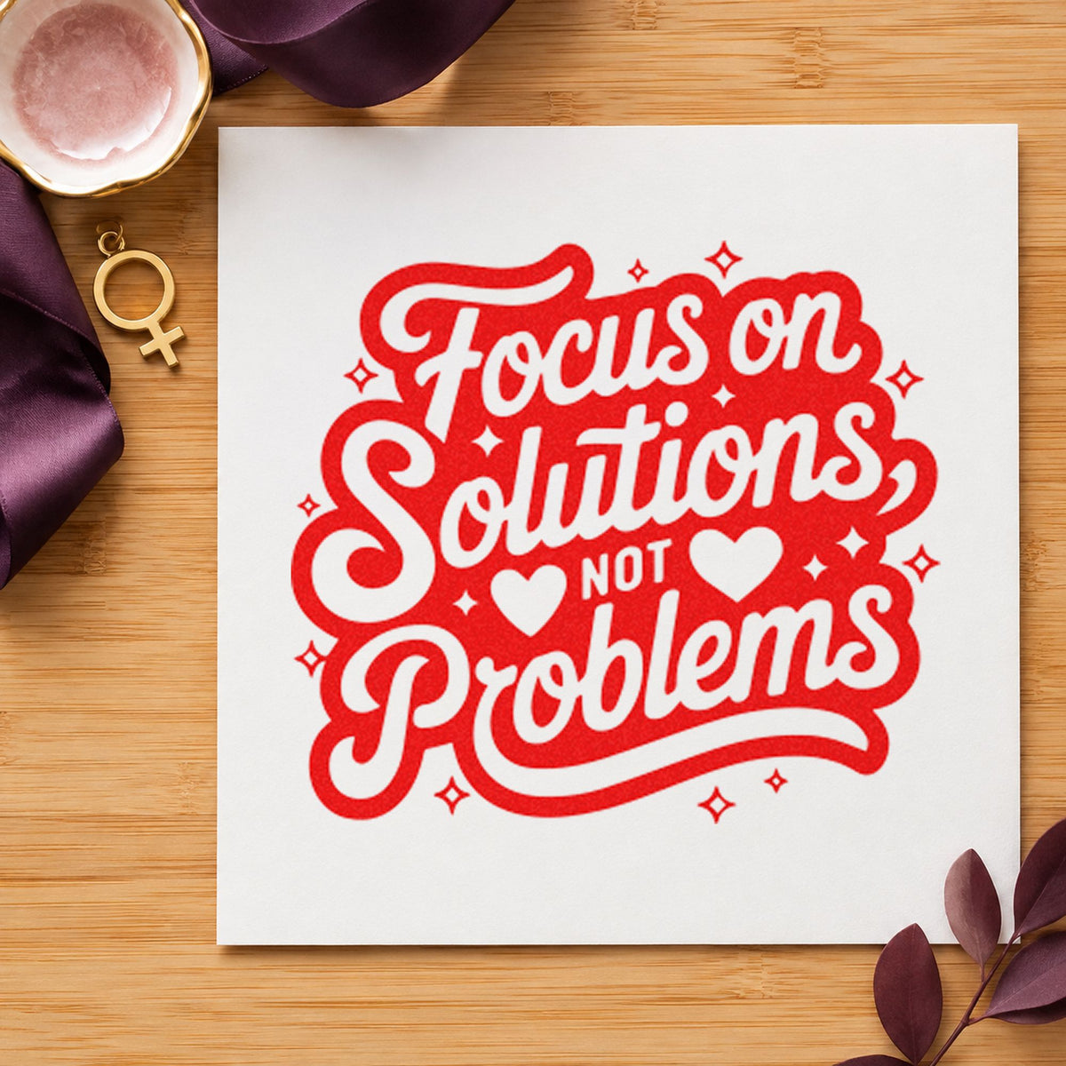 Focus Solutions Not Problems rubber stamp shown in red ink, stamped for projects such as shelf spare labels.