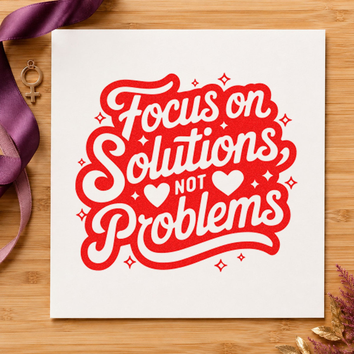 Focus Solutions Not Problems craft stamp imprint in red ink on a handmade project, one idea being fix note cards.