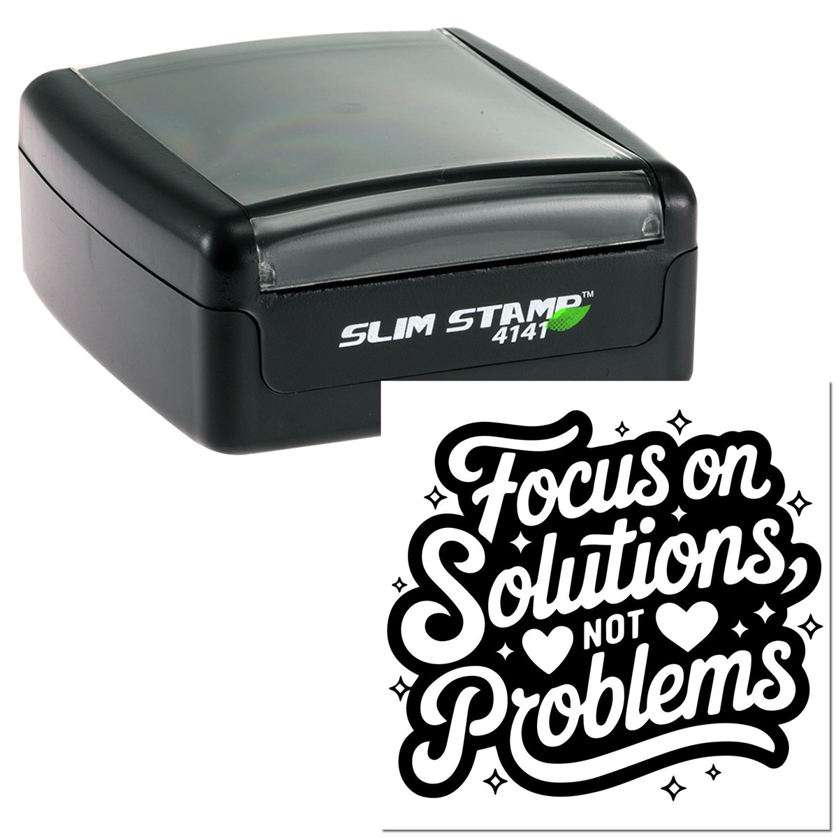 Black self-inking Slim Stamp 4141 with a black-and-white seal reading Focus on Solutions, Not Problems.