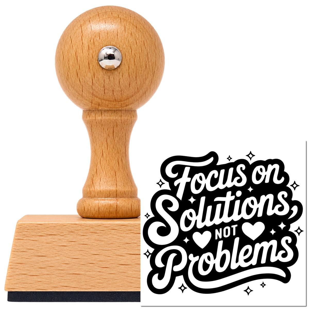 Vintage Pro beech wood stamp with a round knob handle, shown with its black Focus Solutions Not Problems imprint on white.