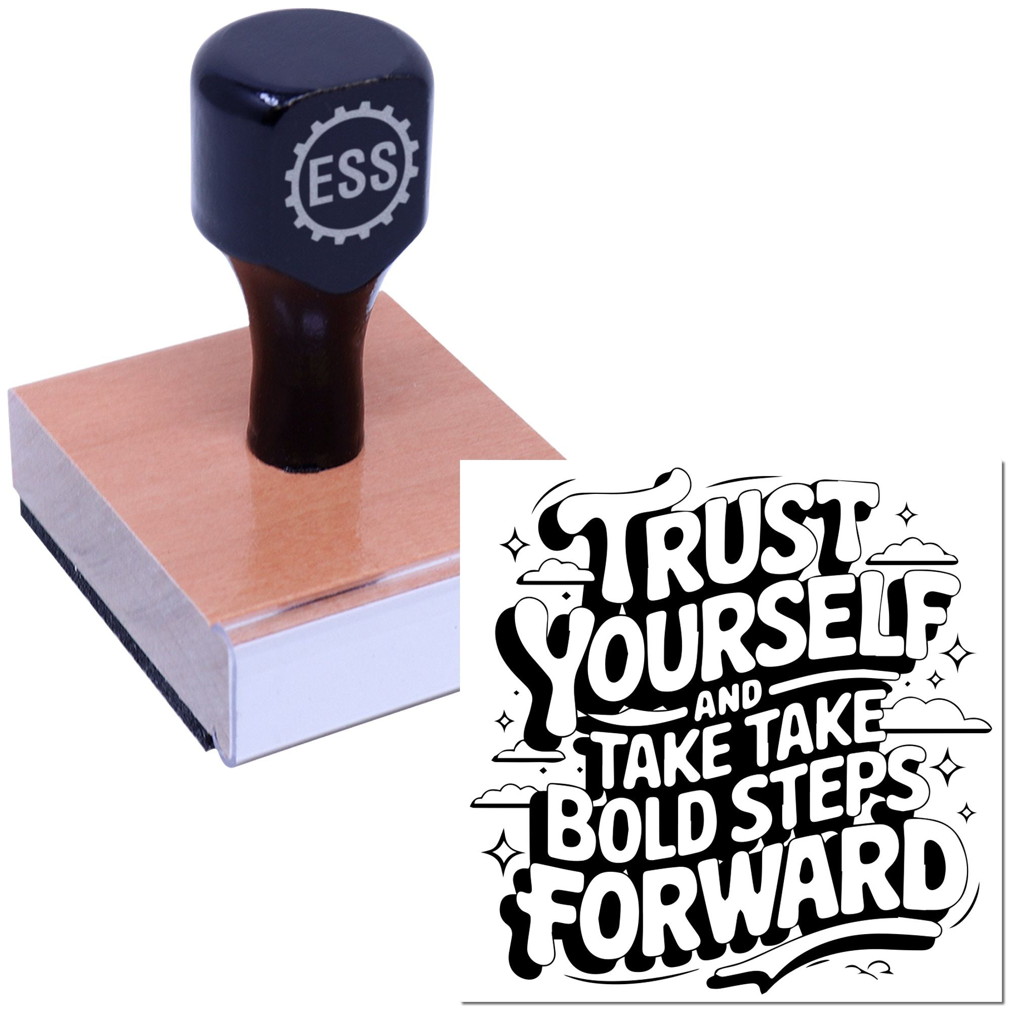 Dark navy custom rubber stamp on a peach wood block, beside a bold black-and-white Trust Yourself seal design.