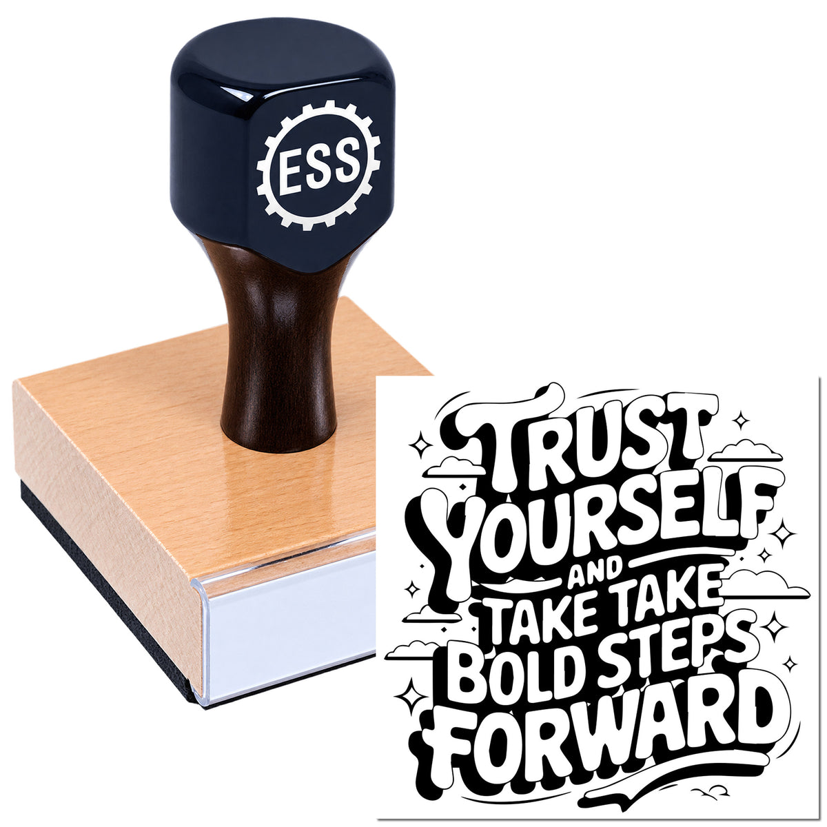Dark navy custom rubber stamp on a peach wood block, beside a bold black-and-white "Trust Yourself" seal design.