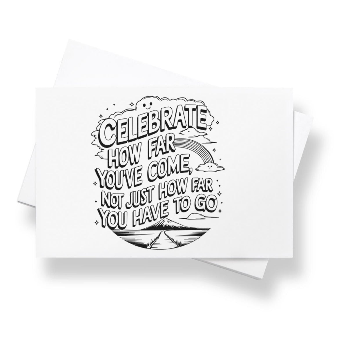 Black-and-white motivational stamp and seal design with Celebrate how far youve come text, clouds, rainbow, and mountain.