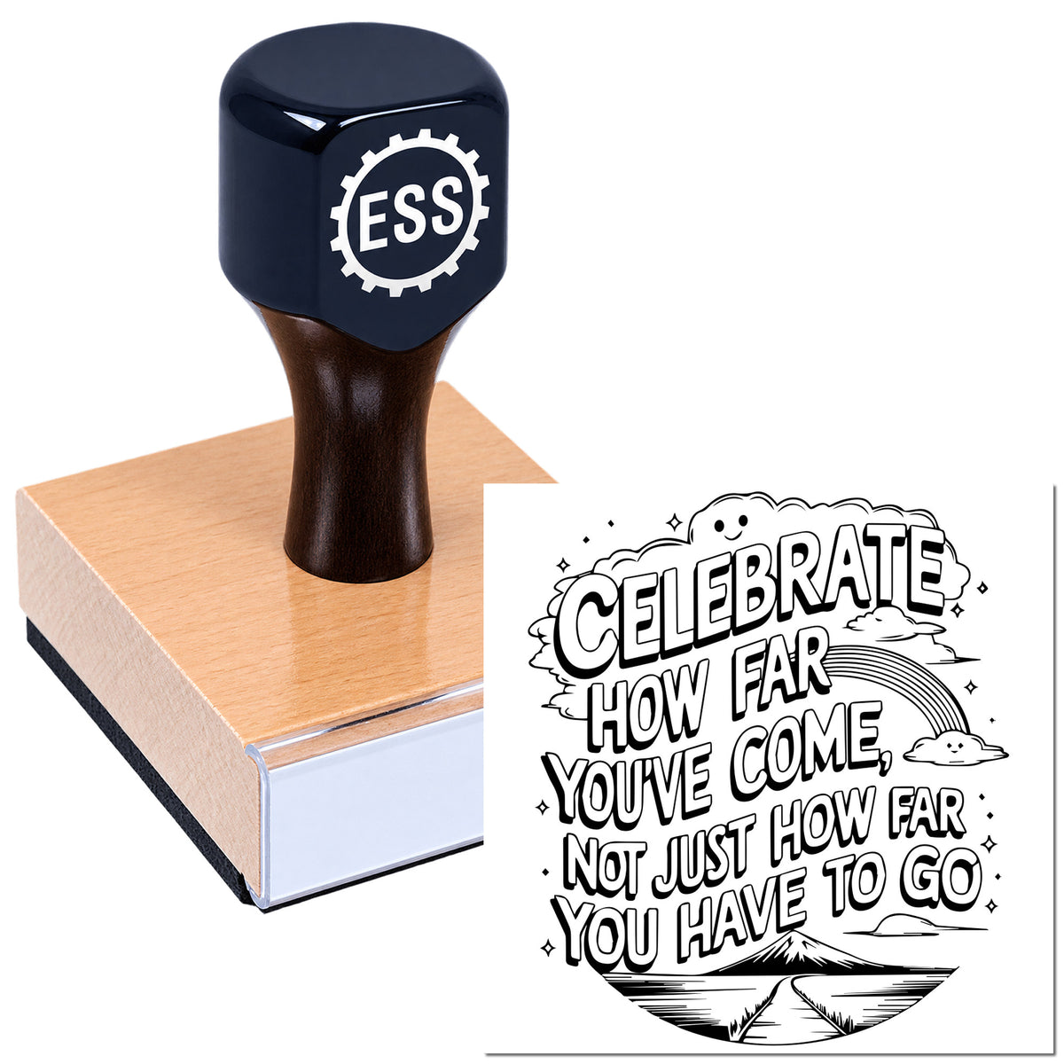 Black ESS rubber stamp on a tan wood block beside a black-and-white motivational seal design.