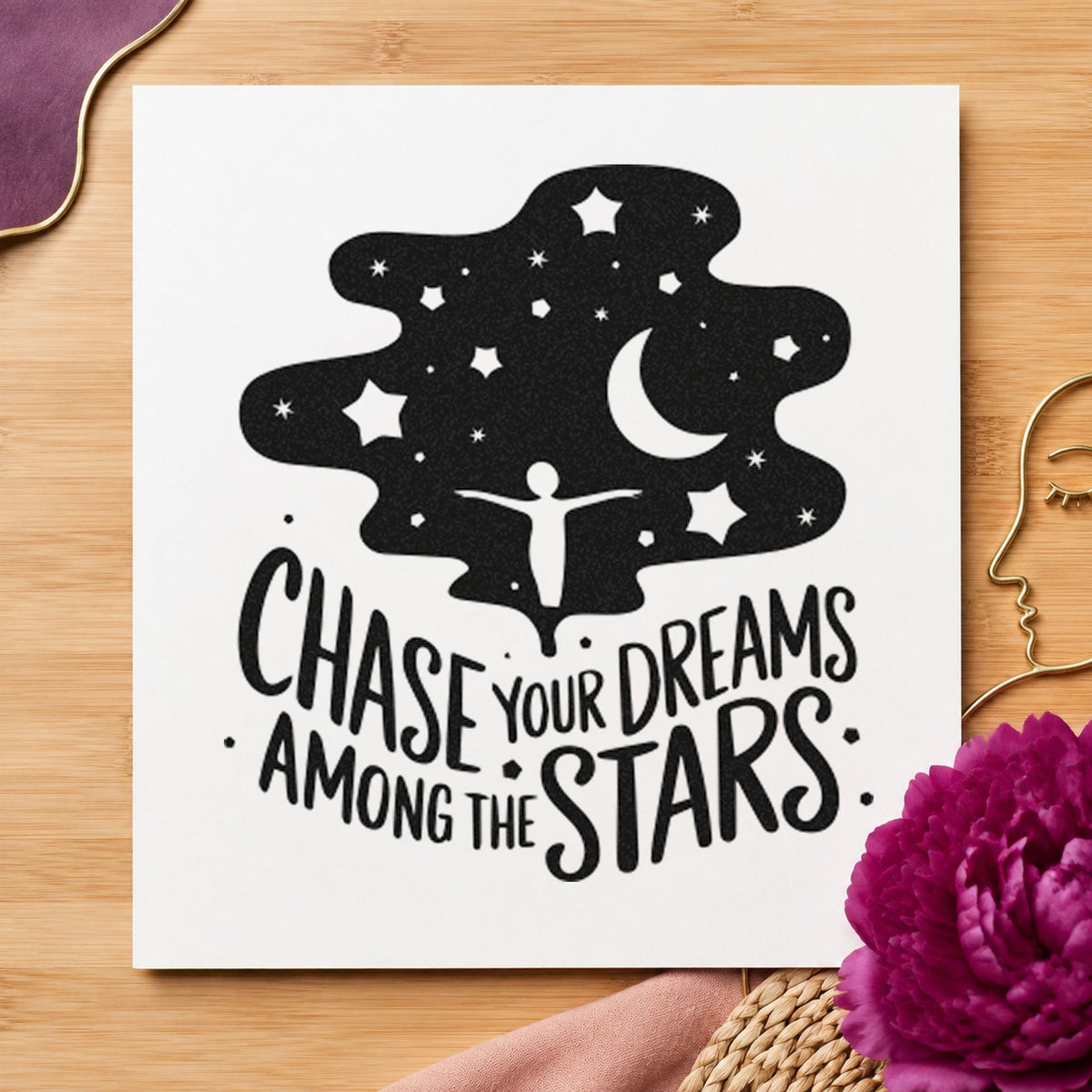 Chase Dreams Among Stars craft stamp in black ink on cardstock, an easy option for astro album page.