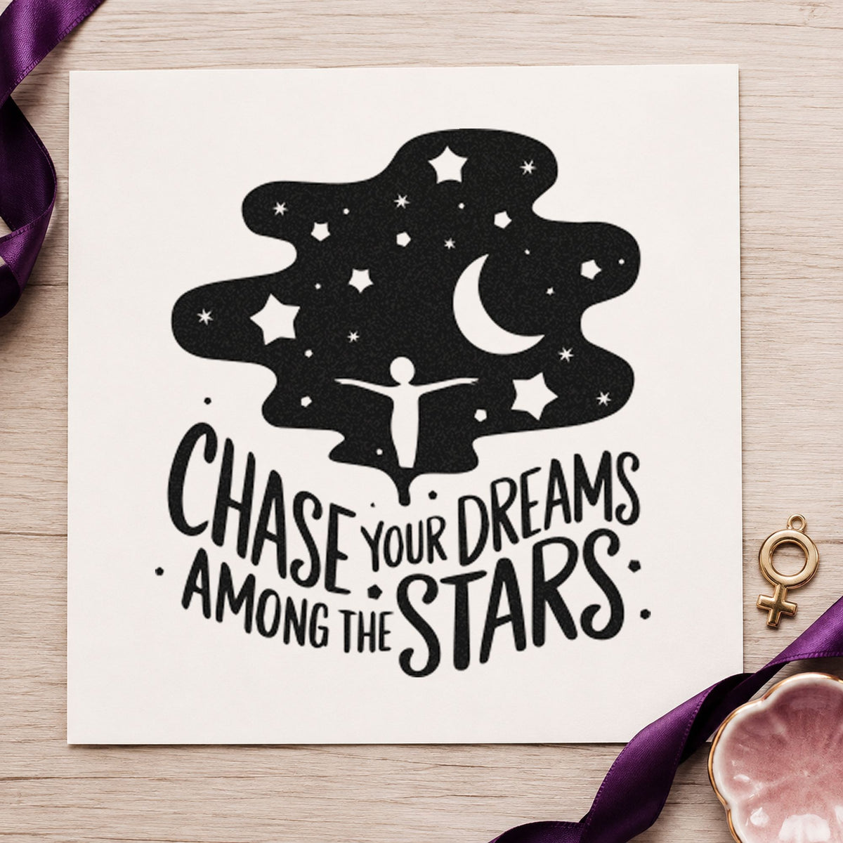 Chase Dreams Among Stars craft stamp imprint in black ink on a handmade project, one idea being print sleeve gift tags.