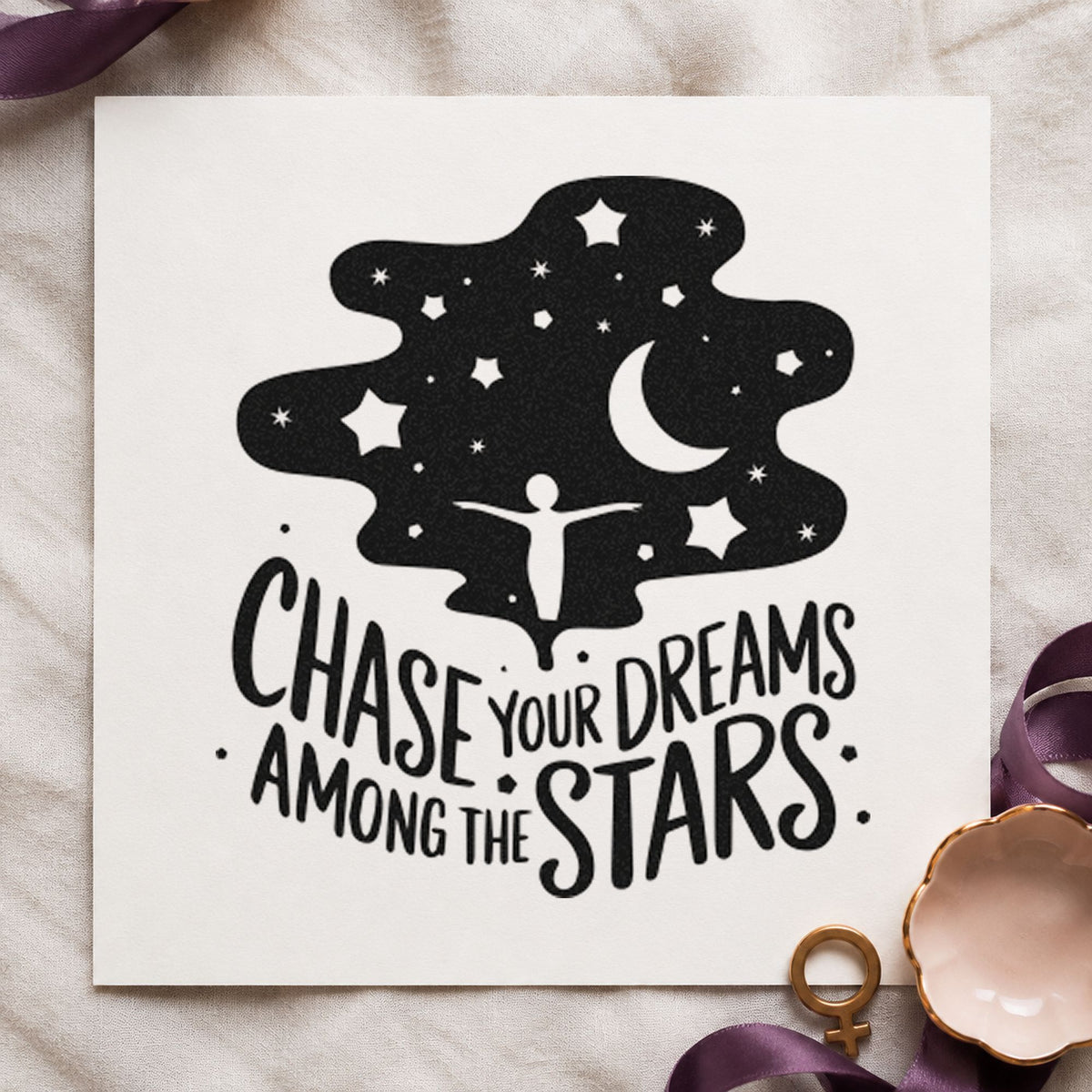 Chase Dreams Among Stars rubber stamp printed in black ink, ready for session log sheet and similar paper crafts.