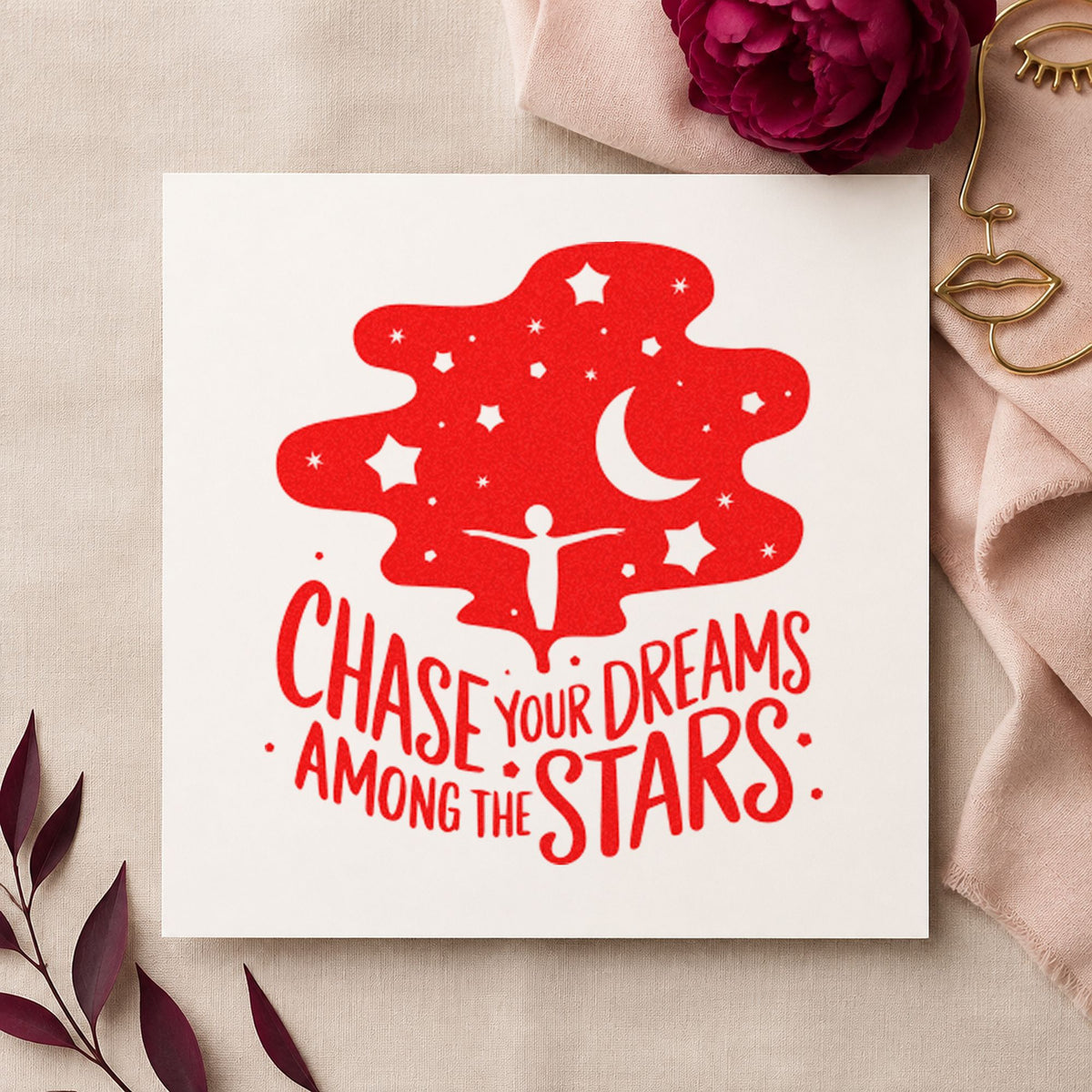 Chase Dreams Among Stars rubber stamp shown in red ink, stamped for projects such as case filter labels.