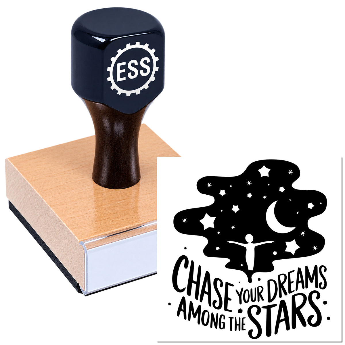 Navy blue rubber stamp seal on wood block with black moon-and-stars design and "Chase Your Dreams Among the Stars" text.