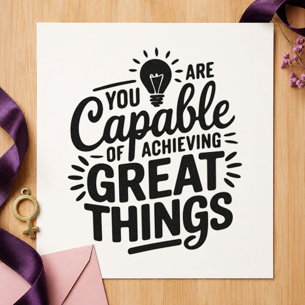 Capable Of Great Things craft stamp imprint in black ink on a handmade project, one idea being prototype gift tags.