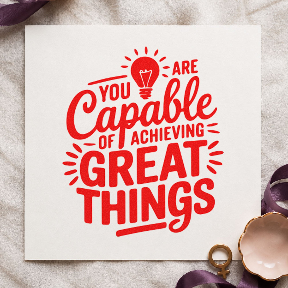 Capable Of Great Things rubber stamp shown in red ink, stamped for projects such as bin component labels.