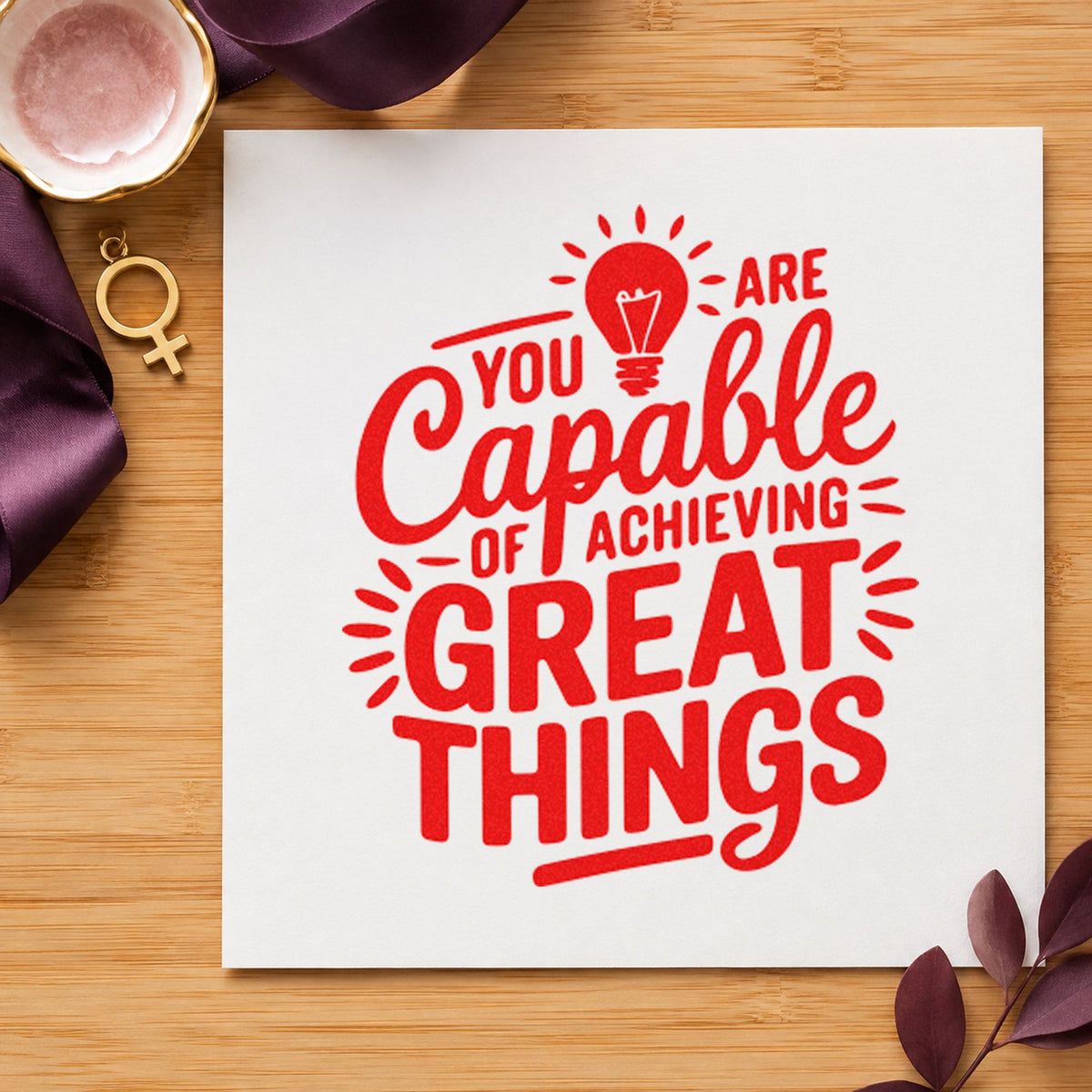 Capable Of Great Things craft stamp imprint in red ink on a handmade project, one idea being idea sketch cards.