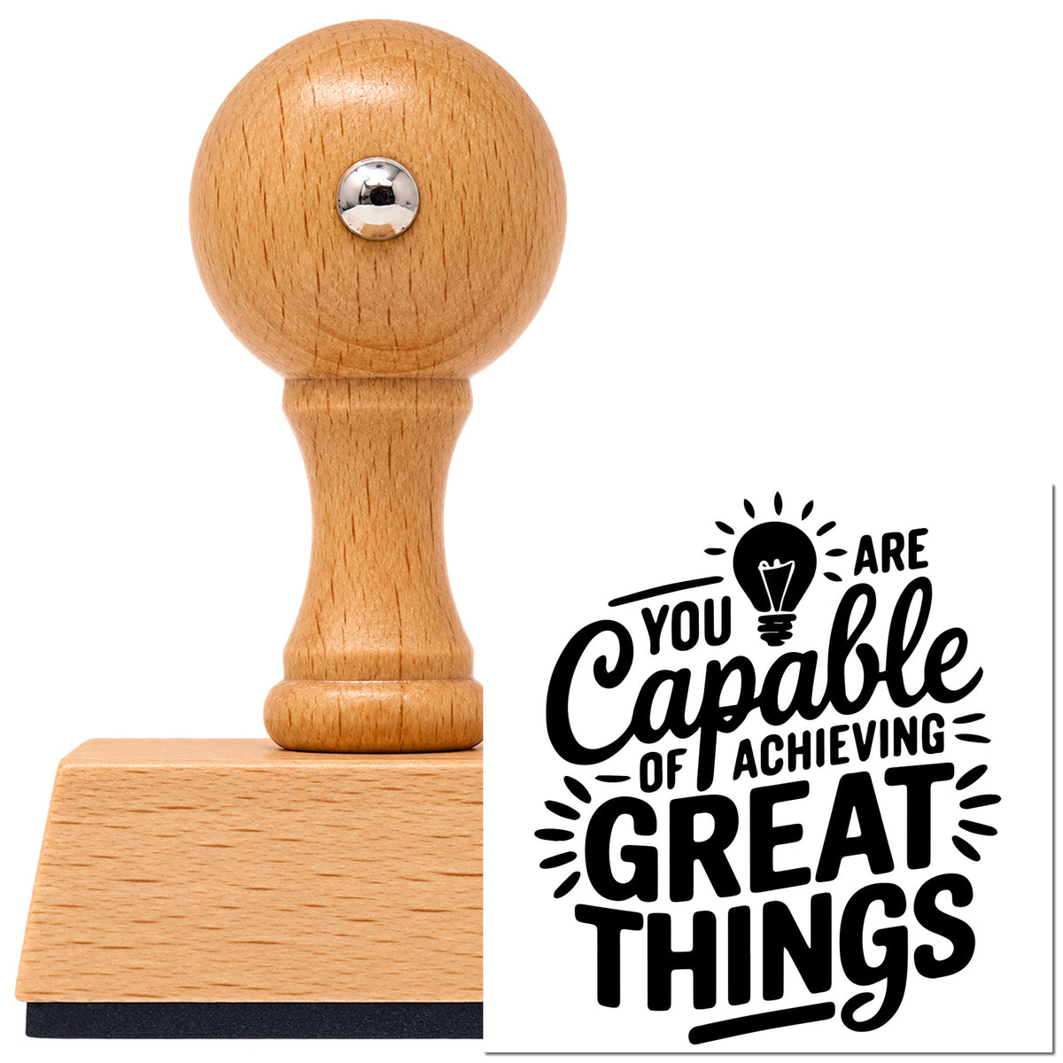 Vintage Pro beech wood stamp with a round knob handle, shown with its black Capable Of Great Things imprint on white.