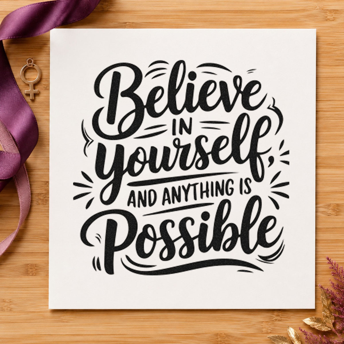 Believe Yourself Anything Possible rubber stamp printed in black ink, ready for trick step sheet and similar paper crafts.