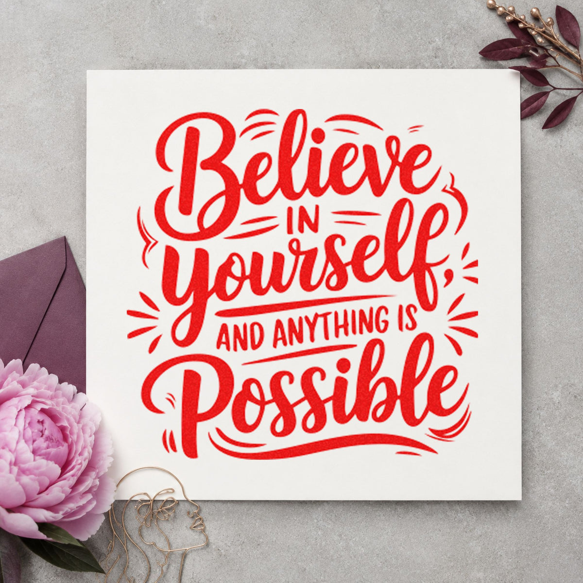 Believe Yourself Anything Possible craft stamp imprint in red ink on a handmade project, one idea being trick goal cards.