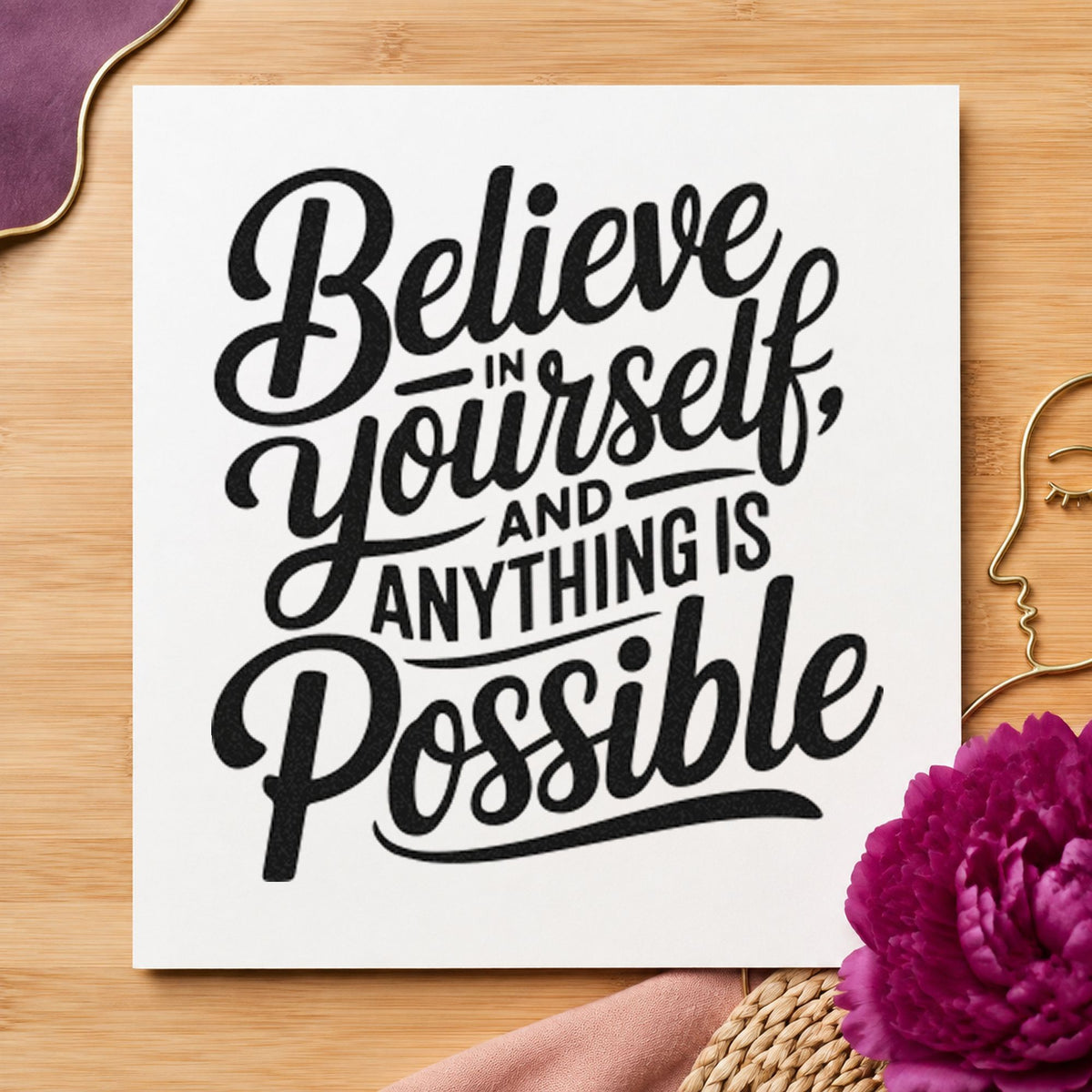 Believe In Yourself Possible craft stamp imprint in black ink on a handmade project, one idea being rod pack gift tags.