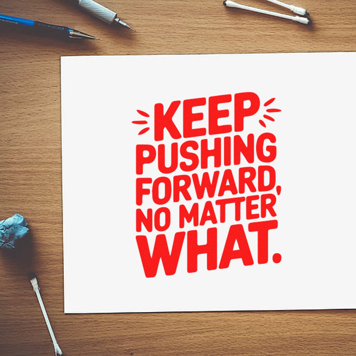 Red KEEP PUSHING FORWARD stamp seal on white paper, on a wood desk with pens and cotton swabs.