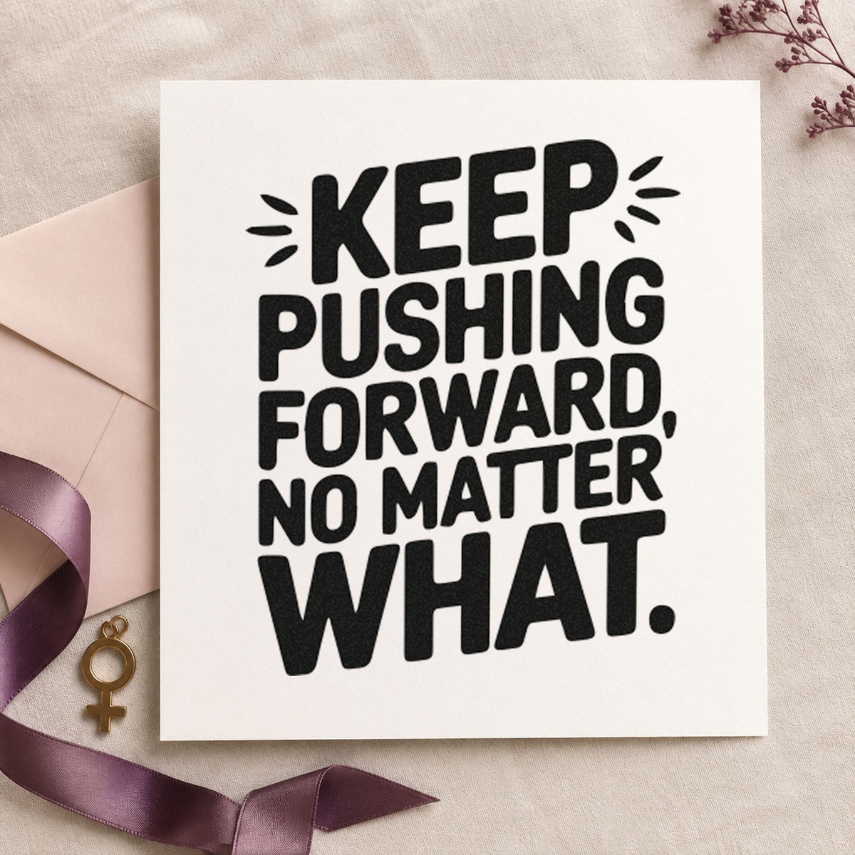 Keep Pushing Forward Quote craft stamp imprint in black ink on a handmade project, one idea being thermos gift tags.