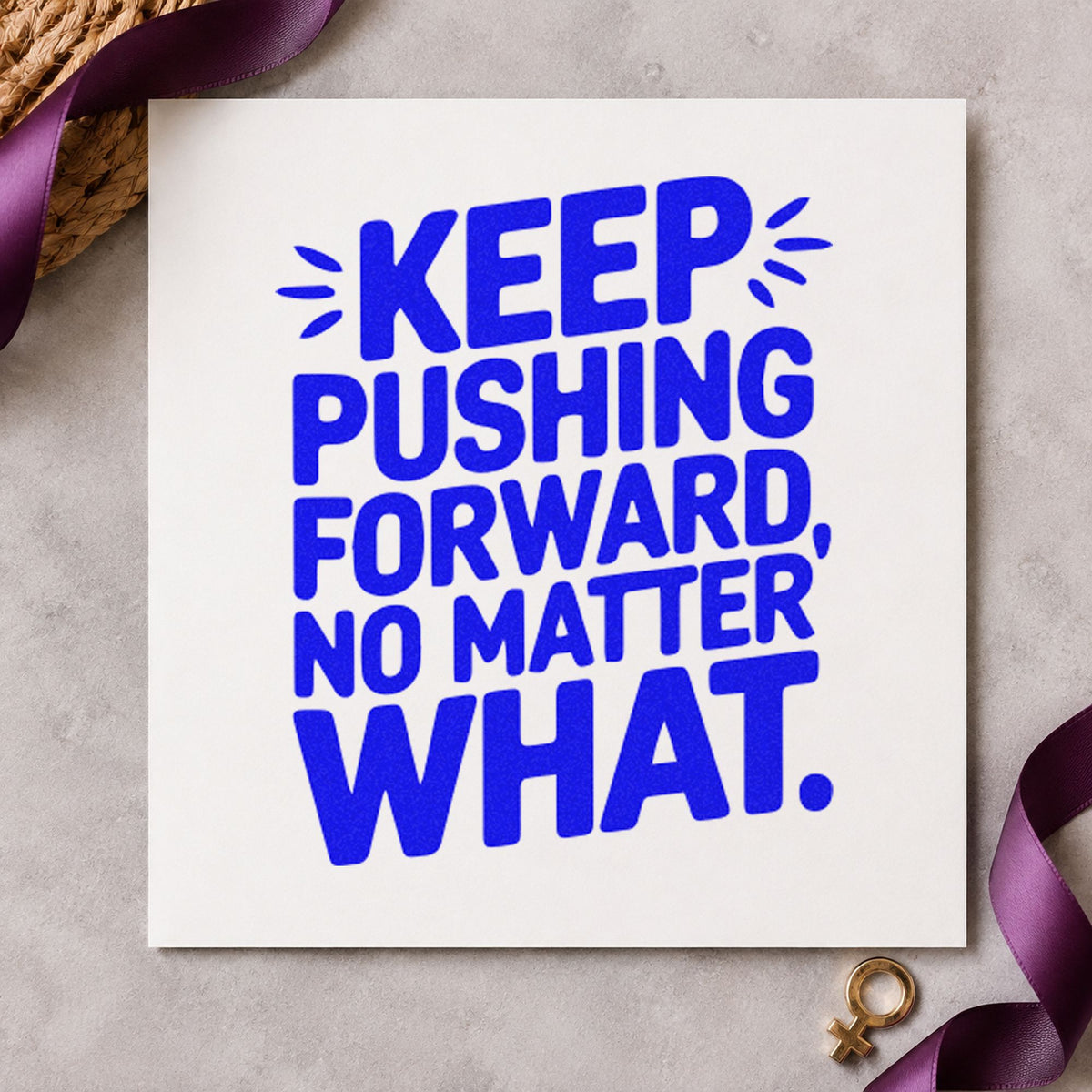 Keep Pushing Forward Quote craft stamp imprinted in blue ink on paper, a design suited to framed depot office.