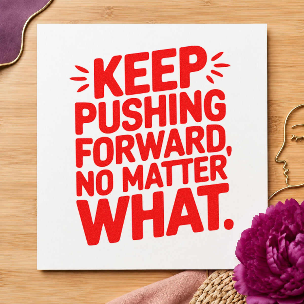 Keep Pushing Forward Quote rubber stamp shown in red ink, stamped for projects such as bin chain labels.