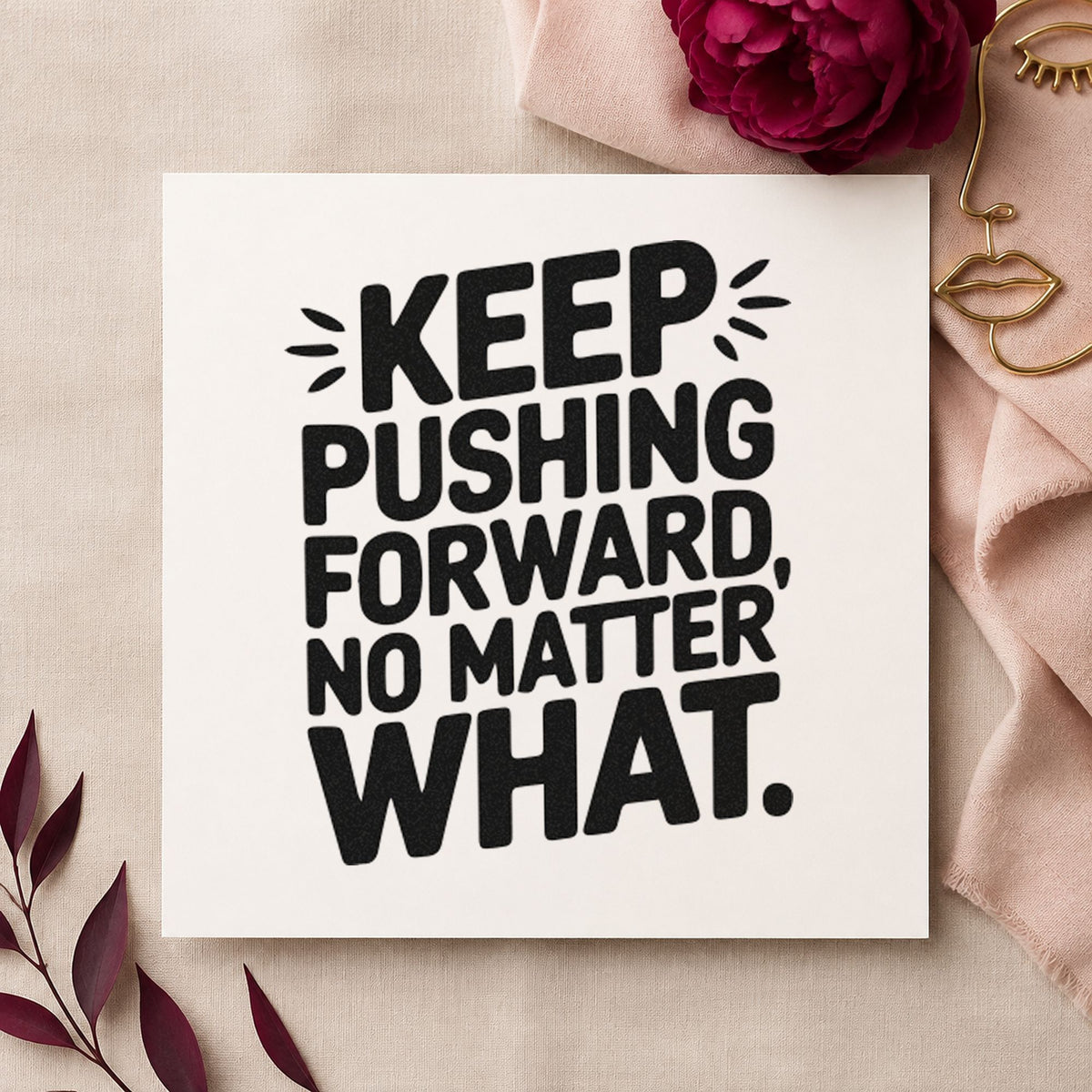 Keep Pushing Forward Quote rubber stamp printed in black ink, ready for accent stroke cards and similar paper crafts.