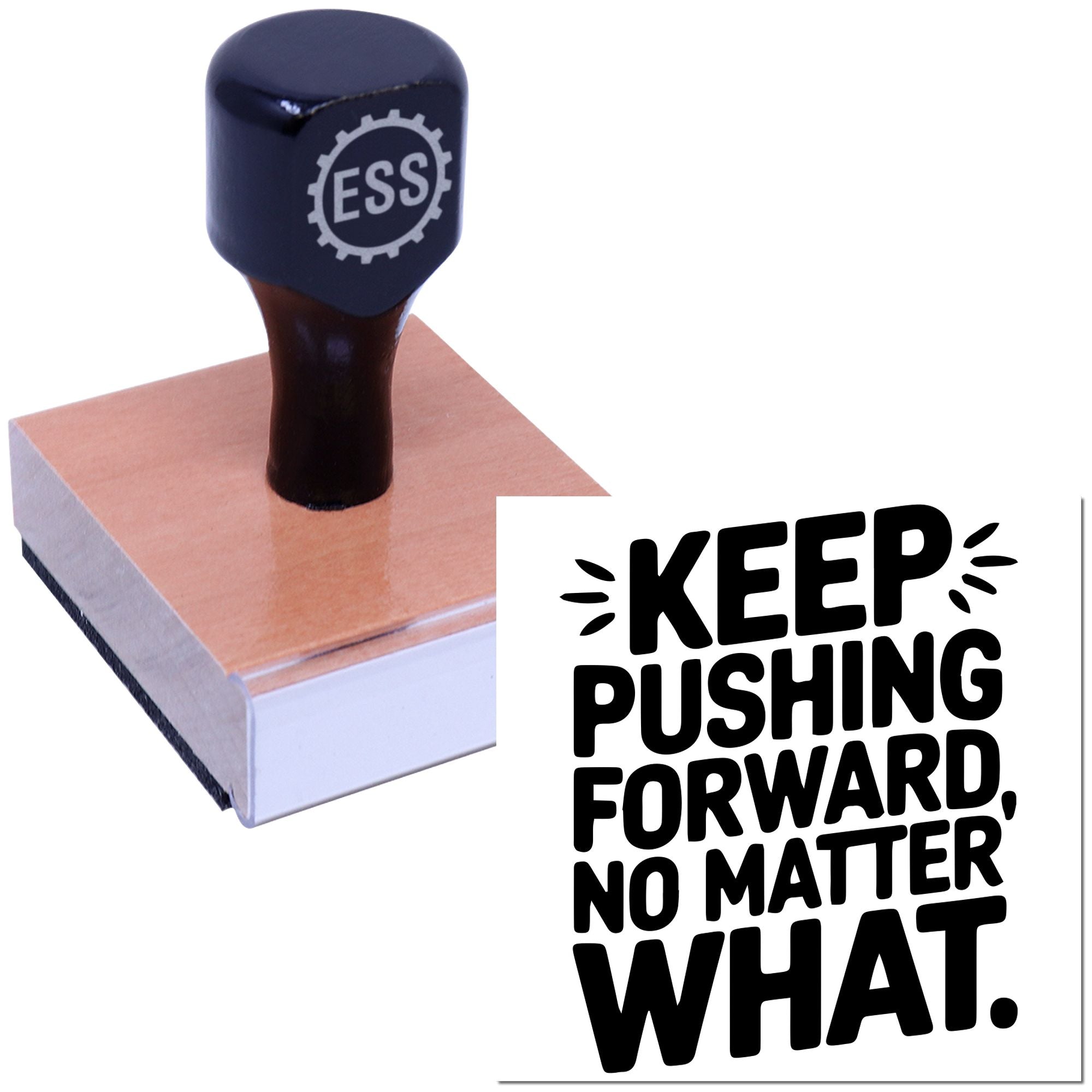 Black ESS gear-style stamp on a pink sealing pad, beside a bold KEEP PUSHING FORWARD seal design.