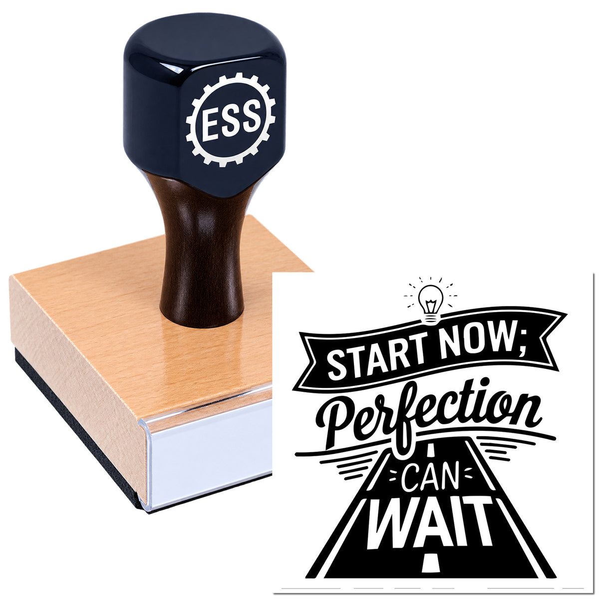 Black ESS rubber stamp on a pink sealing block beside a black "Start Now, Perfect Can Wait" seal design.
