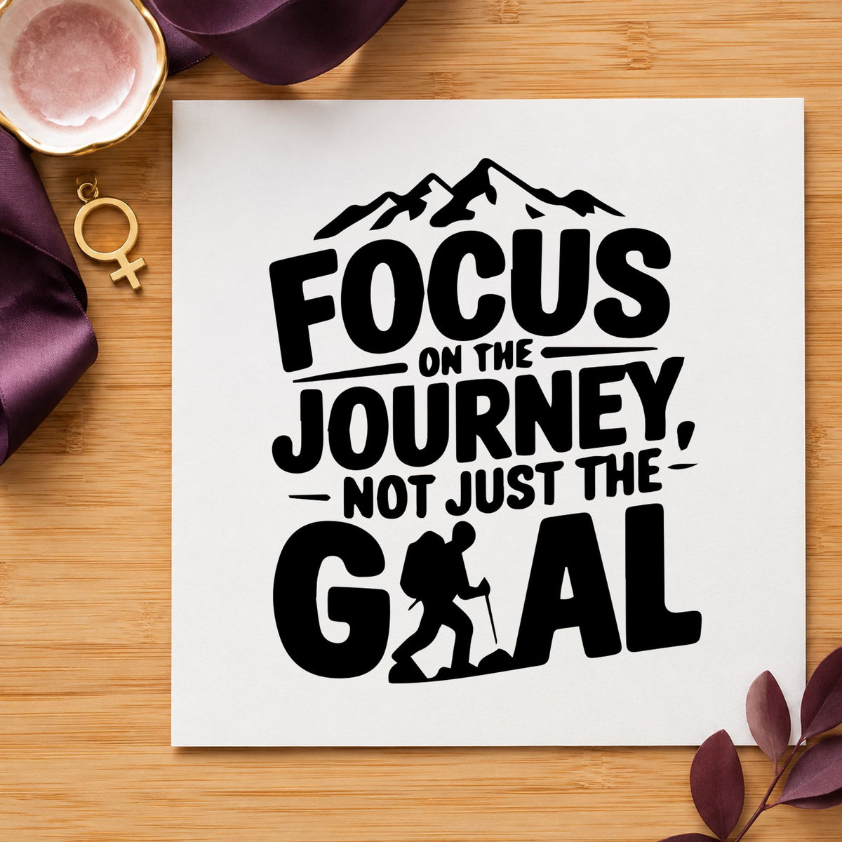 Focus Journey Hiker Mountains craft stamp imprint in black ink on a handmade project, one idea being stamp book gift tags.