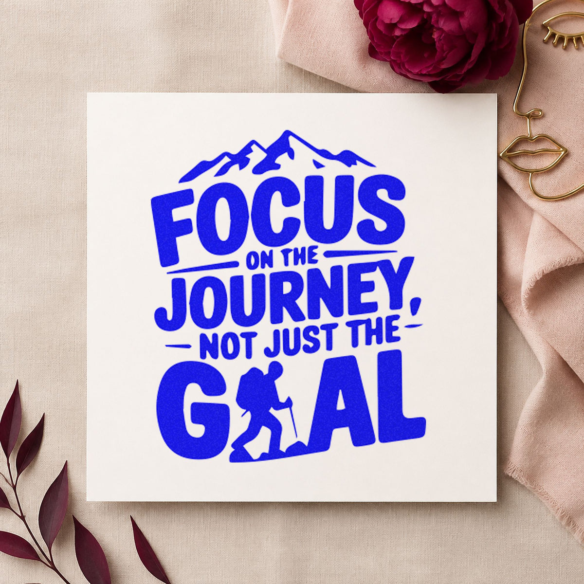 Focus Journey Hiker Mountains craft stamp in blue ink on cardstock, an easy option for shell pouch printing.