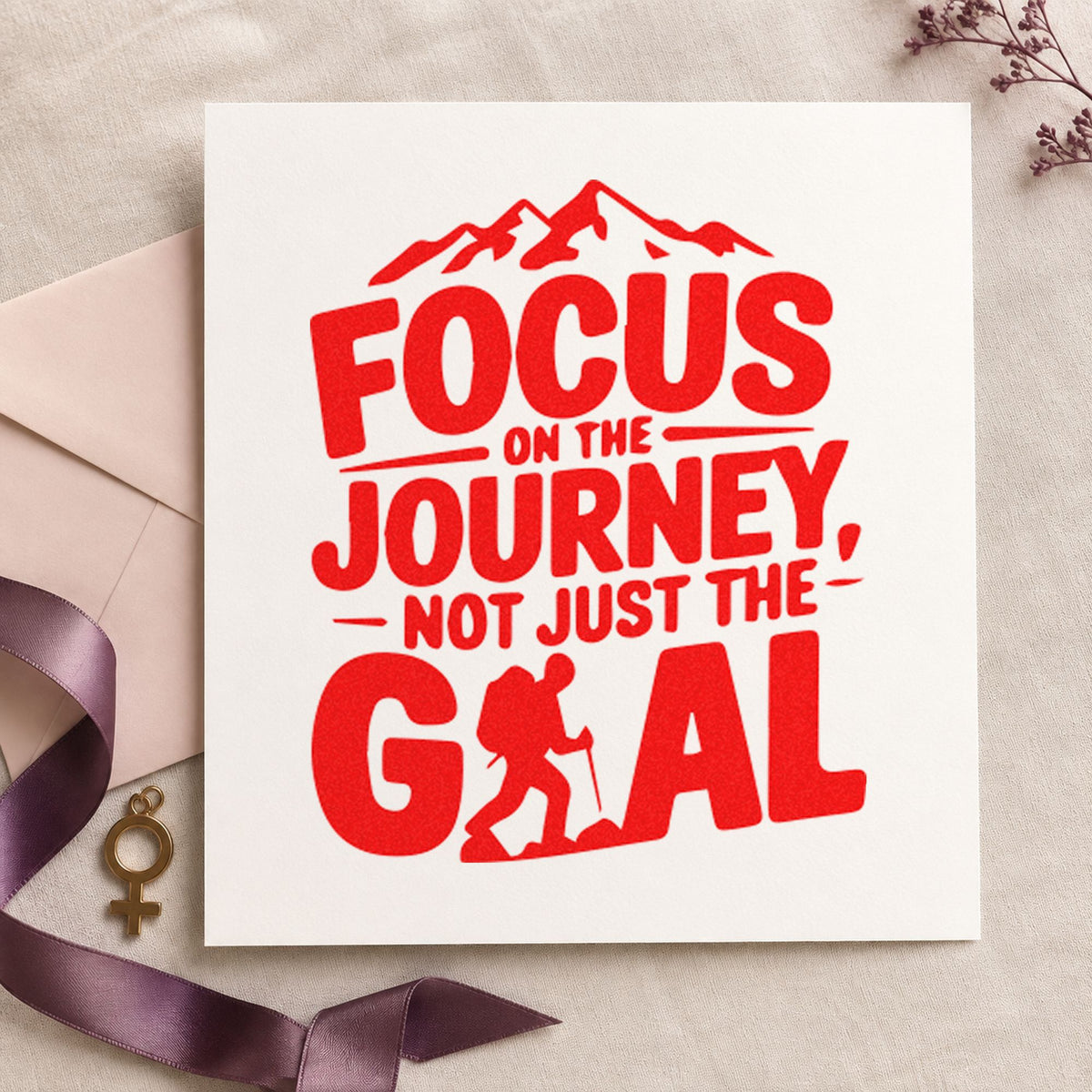 Focus Journey Hiker Mountains rubber stamp shown in red ink, stamped for projects such as bin kit labels.