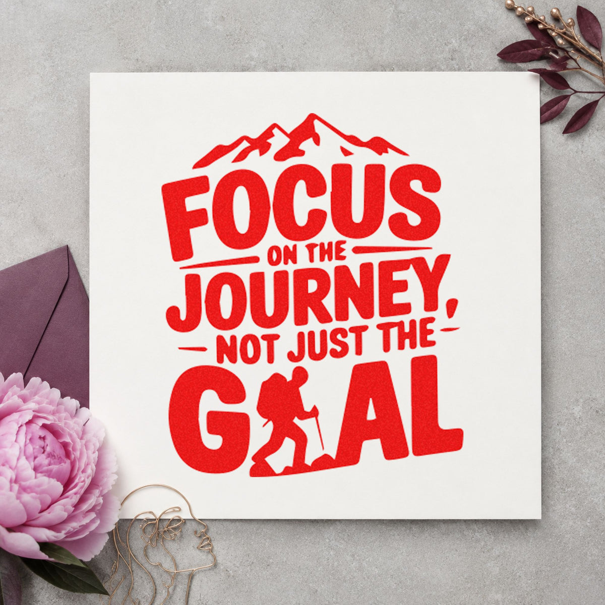 Focus Journey Hiker Mountains craft stamp imprint in red ink on a handmade project, one idea being stage note cards.