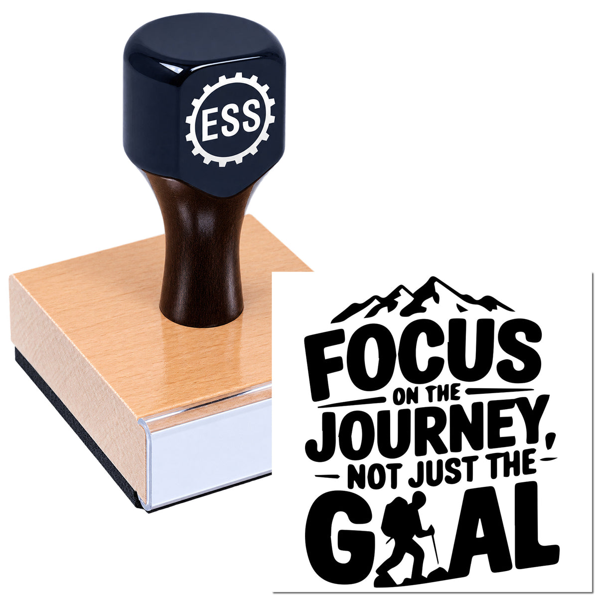 Dark blue custom rubber stamp with ESS logo on a square wooden seal base, beside a black hiking-themed seal design.