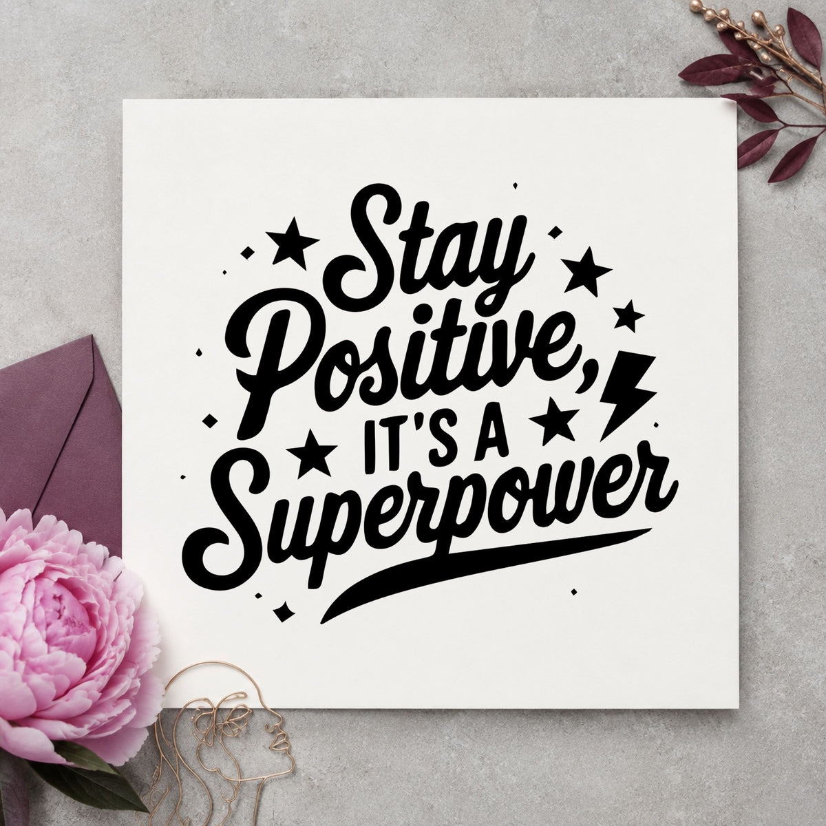 Stay Positive Superpower Stars craft stamp imprint in black ink on a handmade project, one idea being pen pack gift tags.