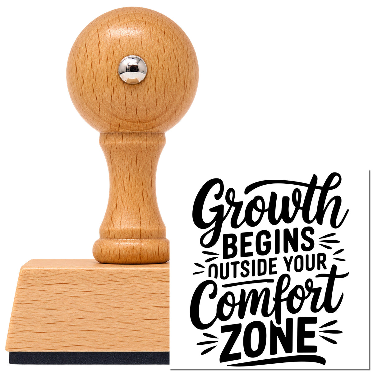 Vintage Pro beech wood stamp with a round knob handle, shown with its black Growth Outside Comfort Zone imprint on white.