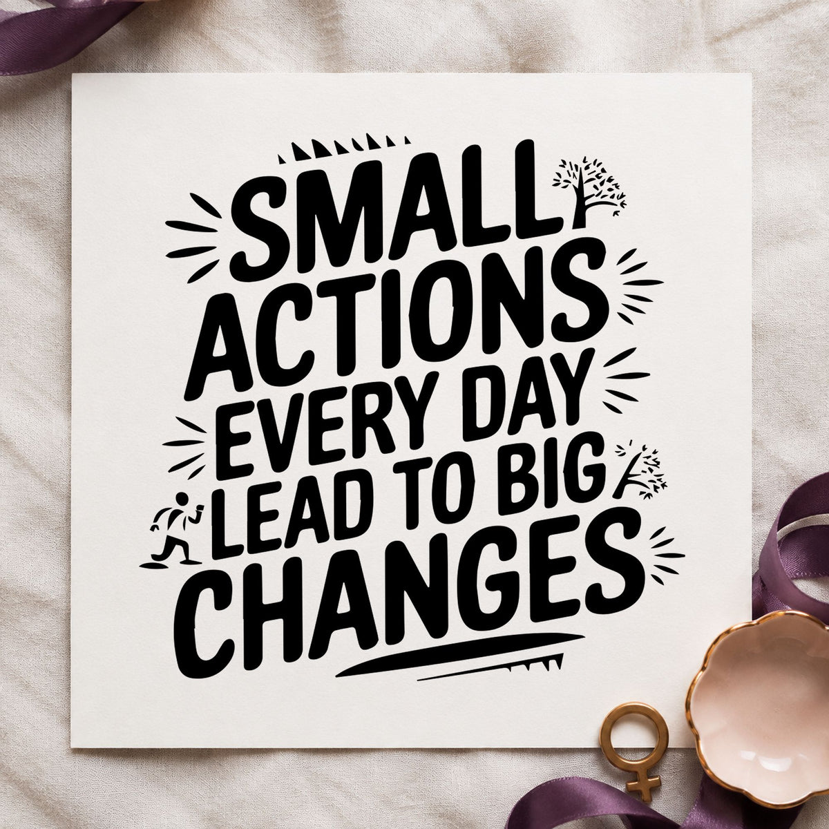 Small Actions Big Changes craft stamp imprint in black ink on a handmade project, one idea being anthology gift tags.