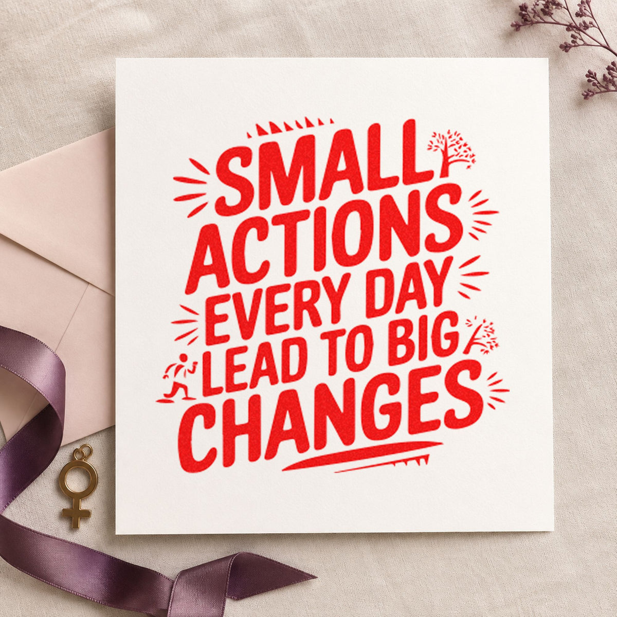 Small Actions Big Changes craft stamp imprint in red ink on a handmade project, one idea being recite prompt cards.